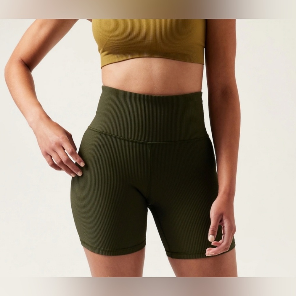 Athleta Elation High Rise 7" Ribbed Short - Olive Green